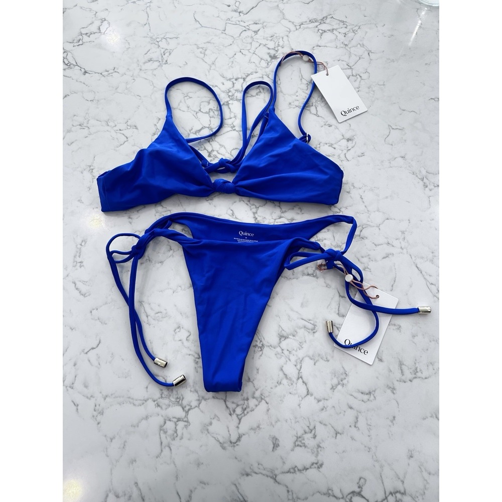 NWT Quince Electric Blue Knot Tie Bikini Top & Adjustable Side Tie Bottom Medium